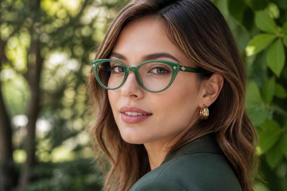 Portret kobiety w zielonych okularach i eleganckiej stylizacji na tle zieleni