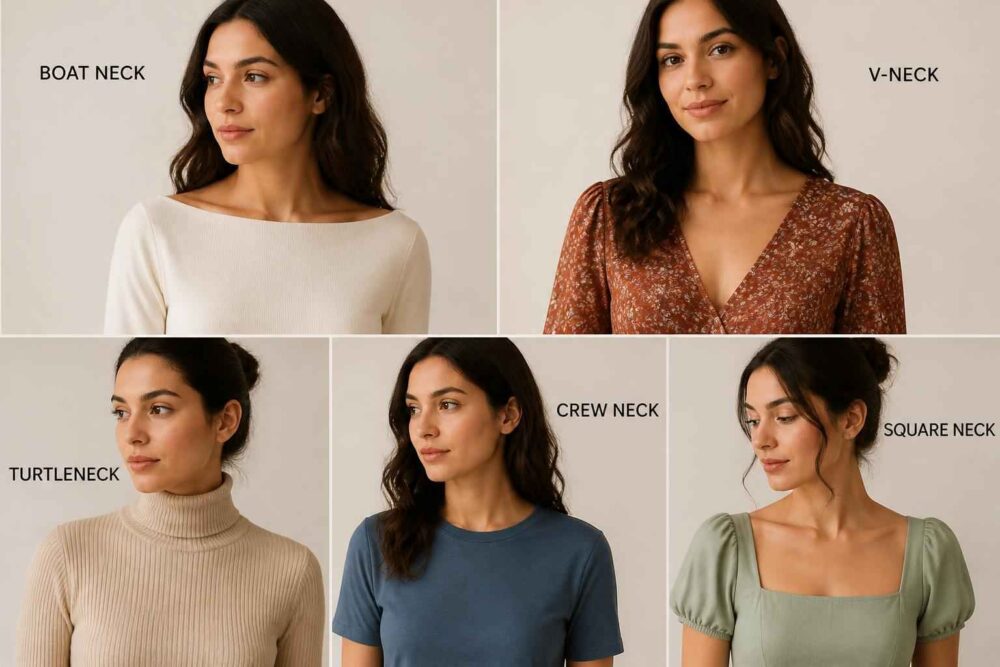 Pięć kobiet w ubraniach z dekoltami boat neck, V-neck, turtleneck, crew neck i square neck