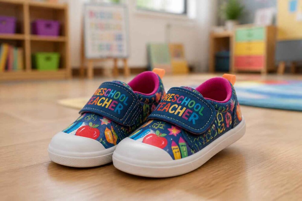 Kolorowe dziecięce buty z napisem Preschool Teacher na drewnianej podłodze w sali przedszkolnej
