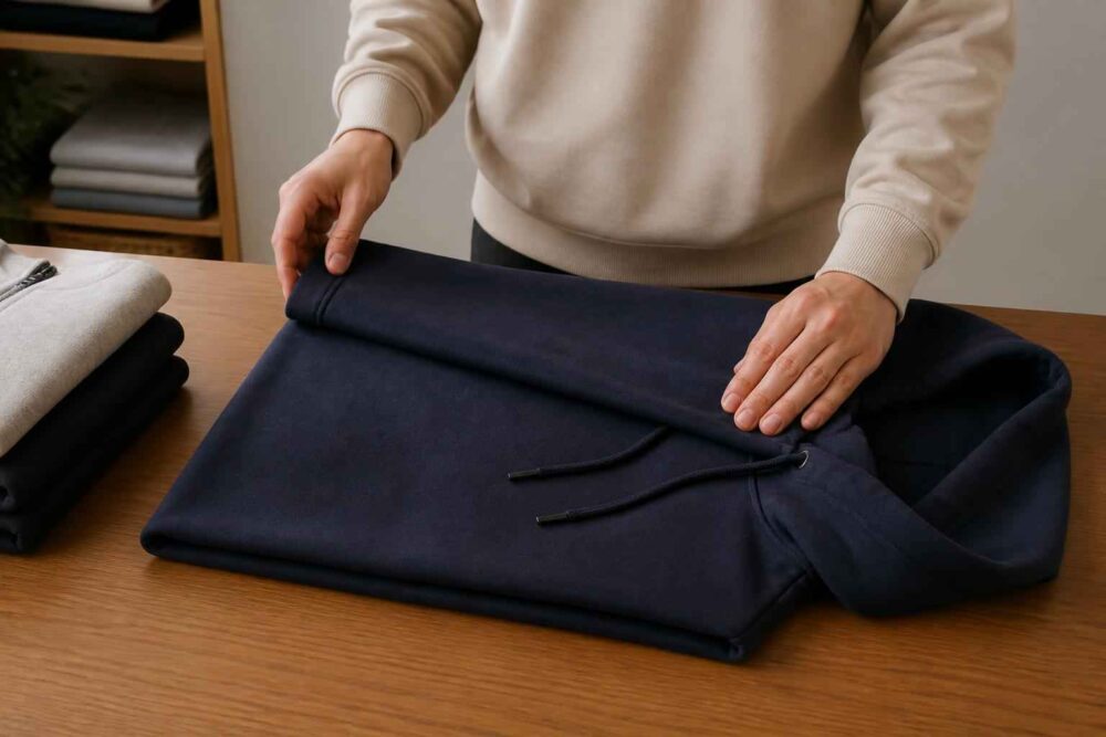 Osoba składa granatową bluzę na drewnianym stole