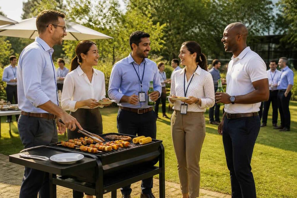 Grupa współpracowników rozmawia przy grillu podczas plenerowego spotkania integracyjnego