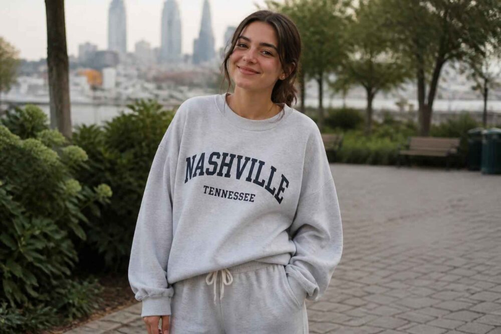 Uśmiechnięta kobieta w stroju Nashville nad rzeką Uśmiechnięta kobieta w szarej bluzie Nashville stoi na nadrzecznym deptaku wśród zieleni i miejskiej zabudowy